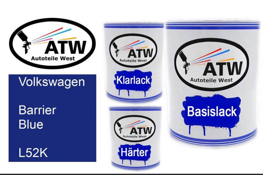 Volkswagen, Barrier Blue, L52K: 1L Lackdose + 1L Klarlack + 500ml Härter - Set, von ATW Autoteile West.